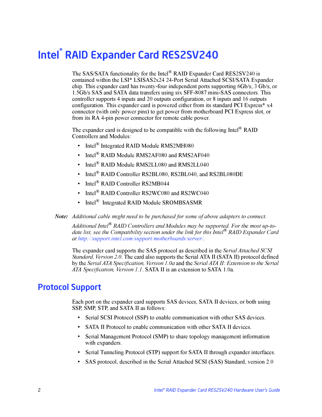 Intel manual Intel RAID Expander Card RES2SV240, Protocol Support 