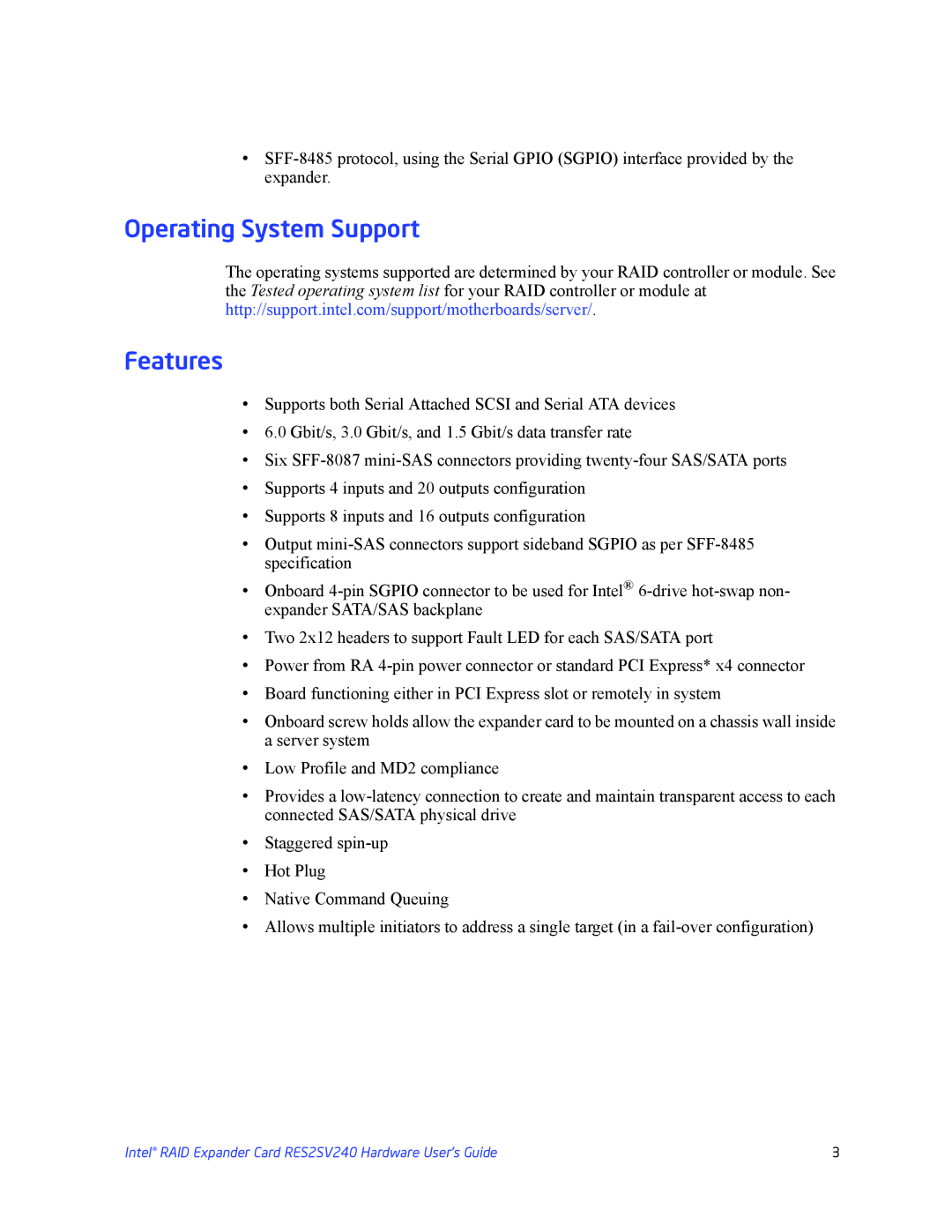 Intel RES2SV240 manual Operating System Support, Features 