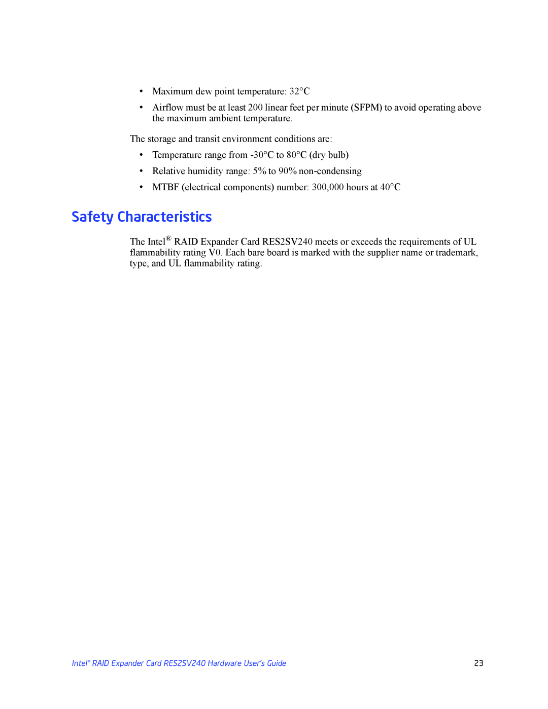 Intel RES2SV240 manual Safety Characteristics 
