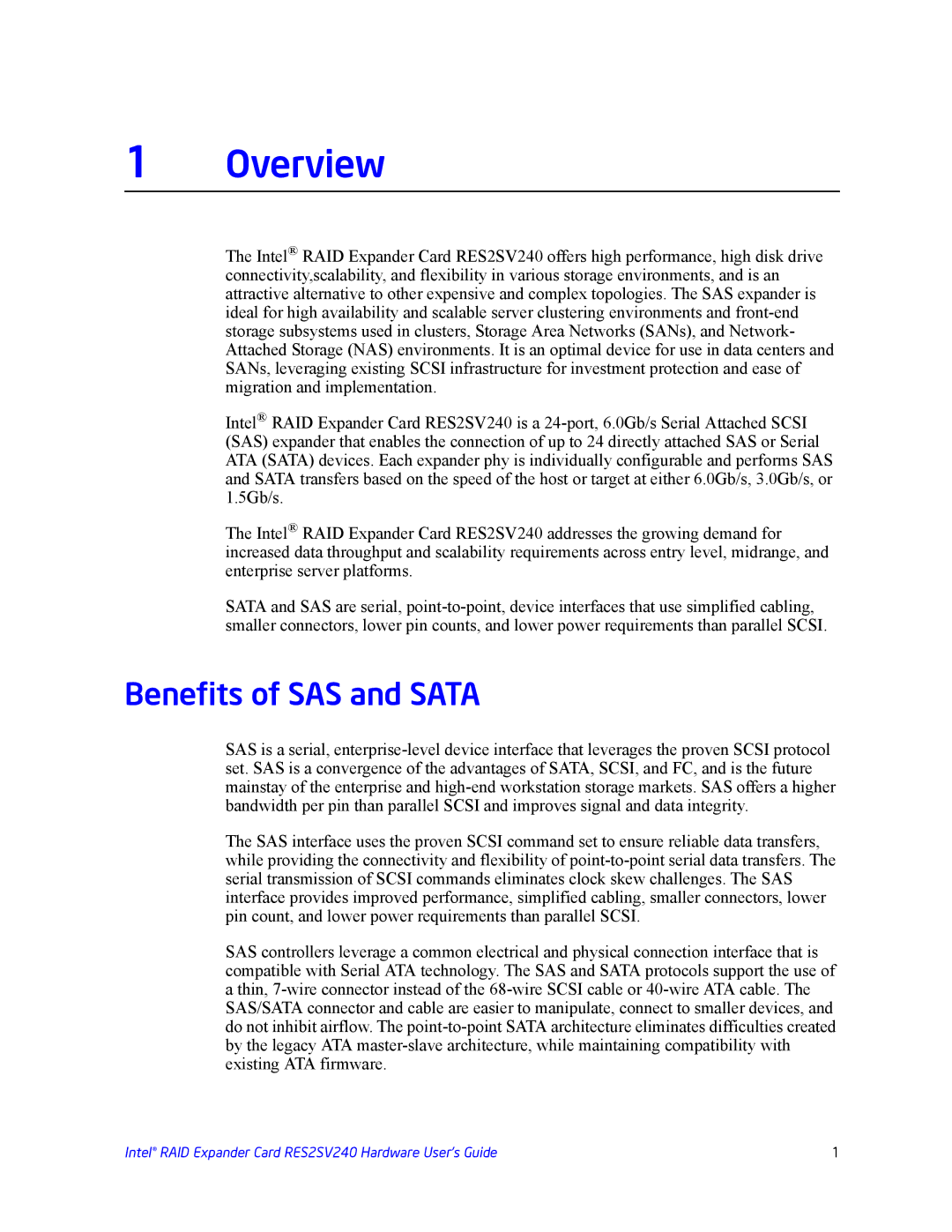 Intel RES2SV240 manual Overview, Benefits of SAS and Sata 