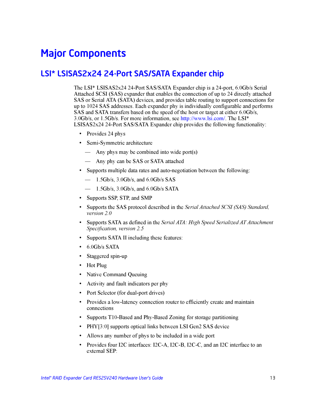 Intel RES2SV240 manual Major Components, LSI* LSISAS2x24 24-Port SAS/SATA Expander chip 