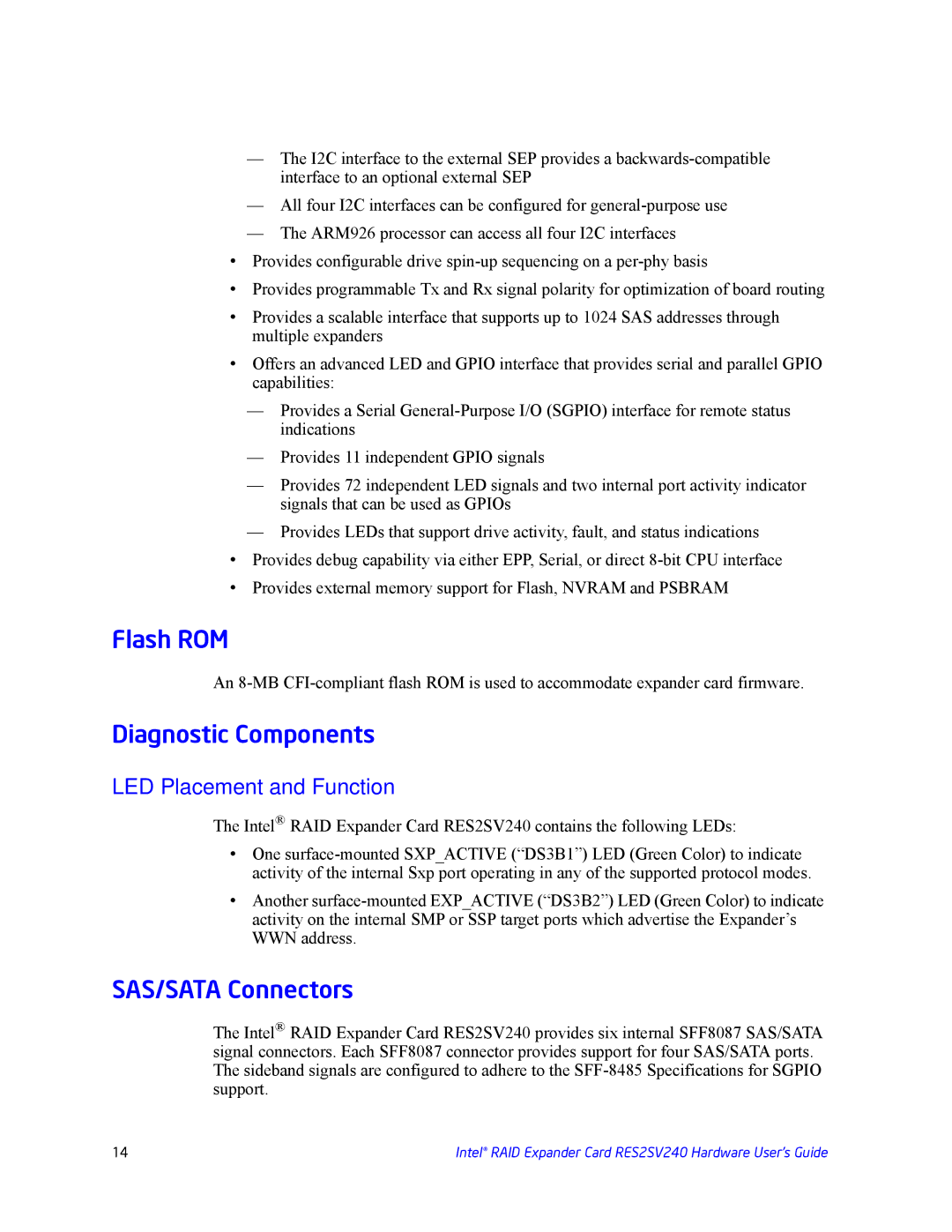 Intel RES2SV240 manual Flash ROM, Diagnostic Components, SAS/SATA Connectors 