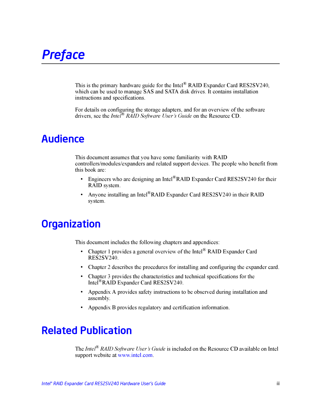 Intel RES2SV240 manual Audience, Organization, Related Publication 