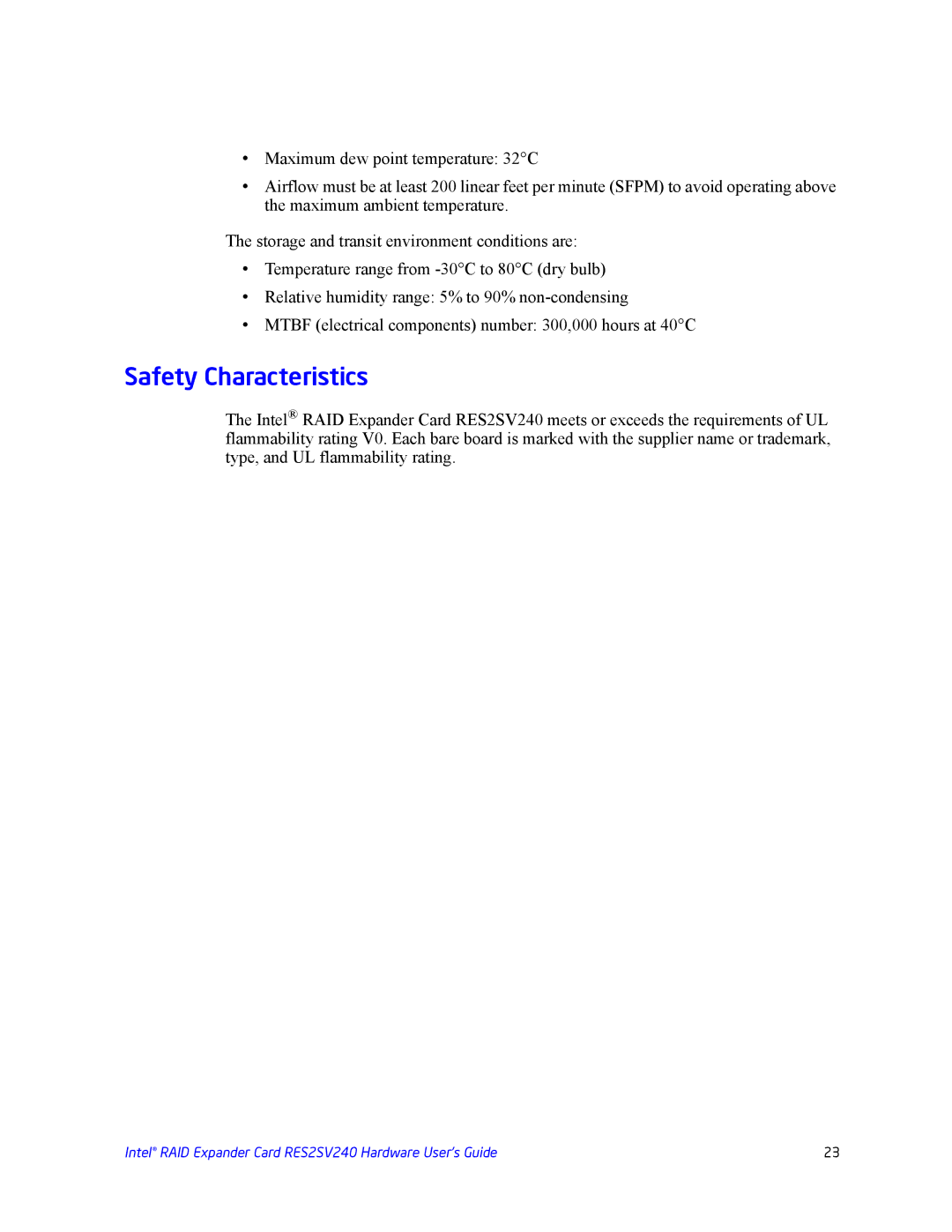 Intel RES2SV240 manual Safety Characteristics 