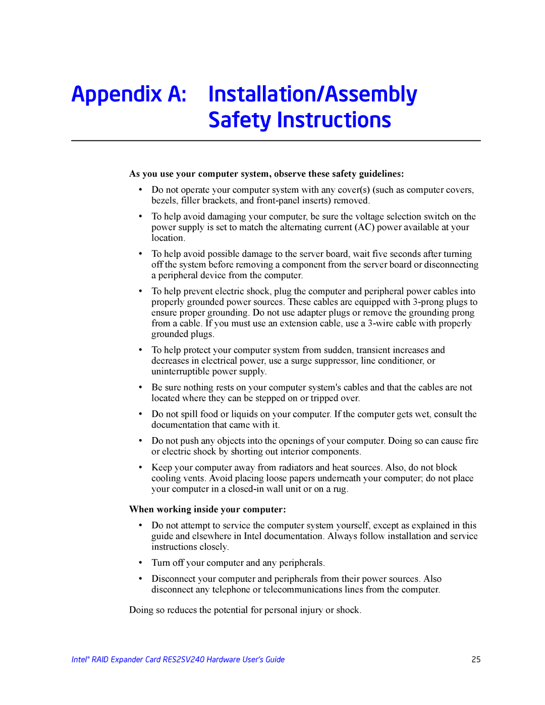 Intel RES2SV240 manual Appendix a Installation/Assembly Safety Instructions 