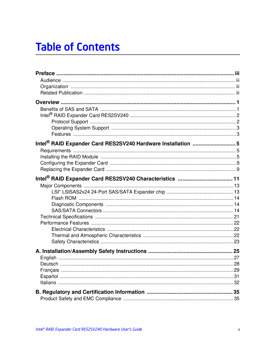 Intel RES2SV240 manual Table of Contents 