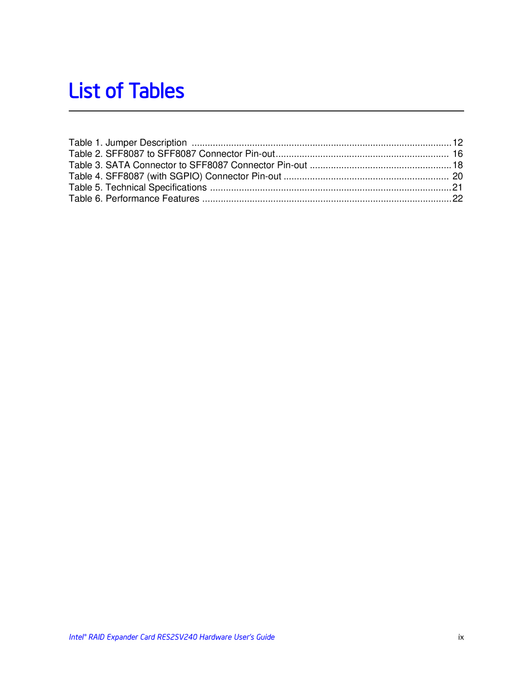 Intel RES2SV240 manual List of Tables 