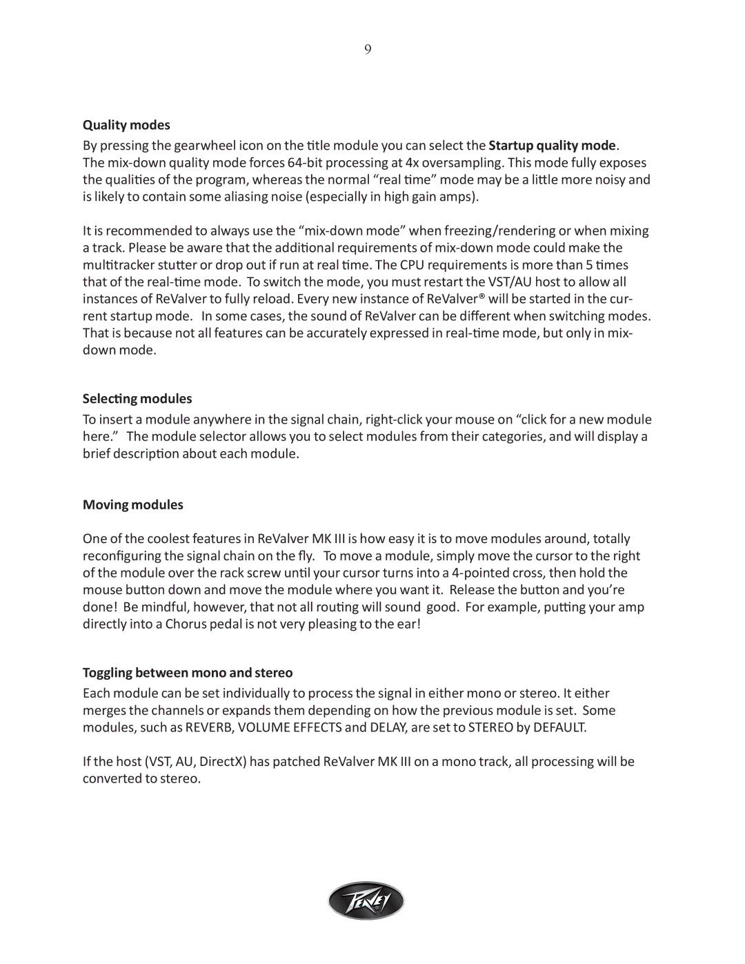 Intel ReValver MK III manual Quality modes, Selecting modules, Moving modules, Toggling between mono and stereo 