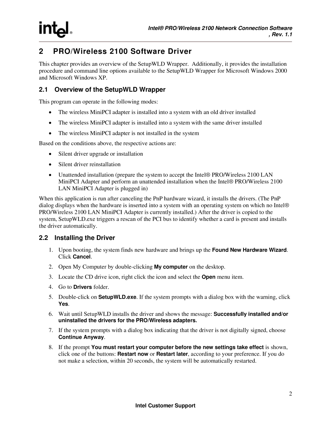 Intel Revision 1.1 manual PRO/Wireless 2100 Software Driver, Overview of the SetupWLD Wrapper, Installing the Driver 