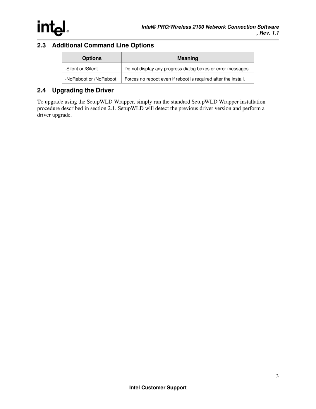 Intel Revision 1.1 manual Additional Command Line Options, Upgrading the Driver 