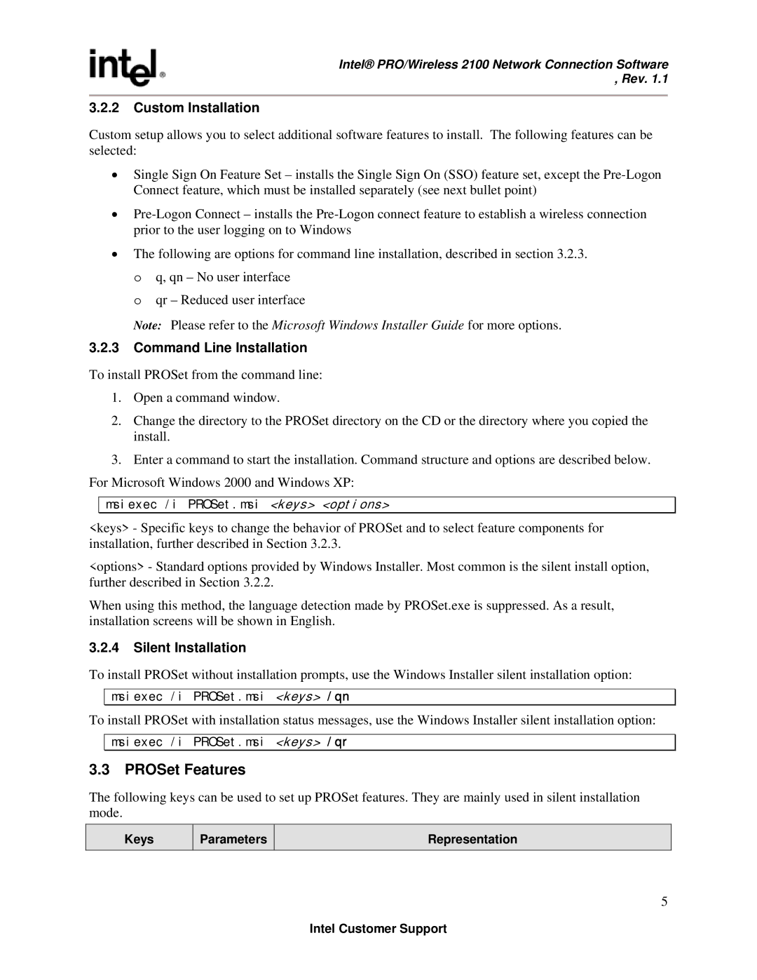 Intel Revision 1.1 manual PROSet Features, Custom Installation 