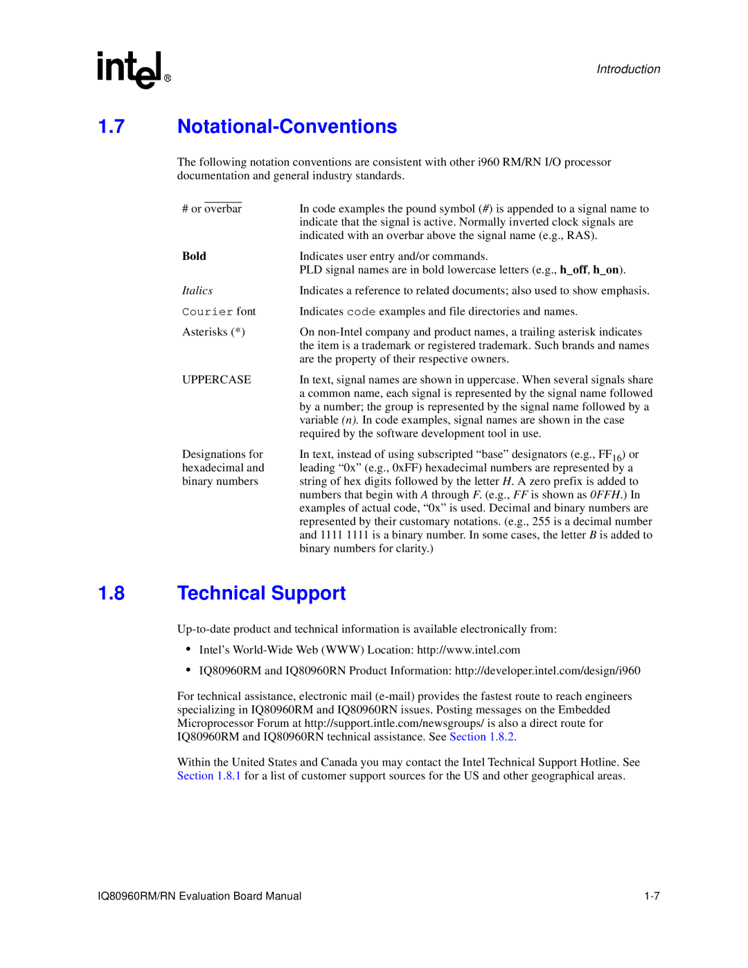 Intel IQ80960RM, RN manual Notational-Conventions, Technical Support 