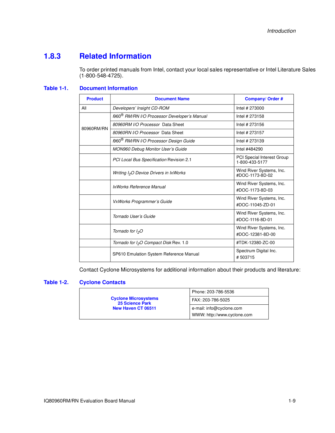 Intel IQ80960RM, RN Related Information, Document Information, Cyclone Contacts, Product Document Name Company/ Order # 