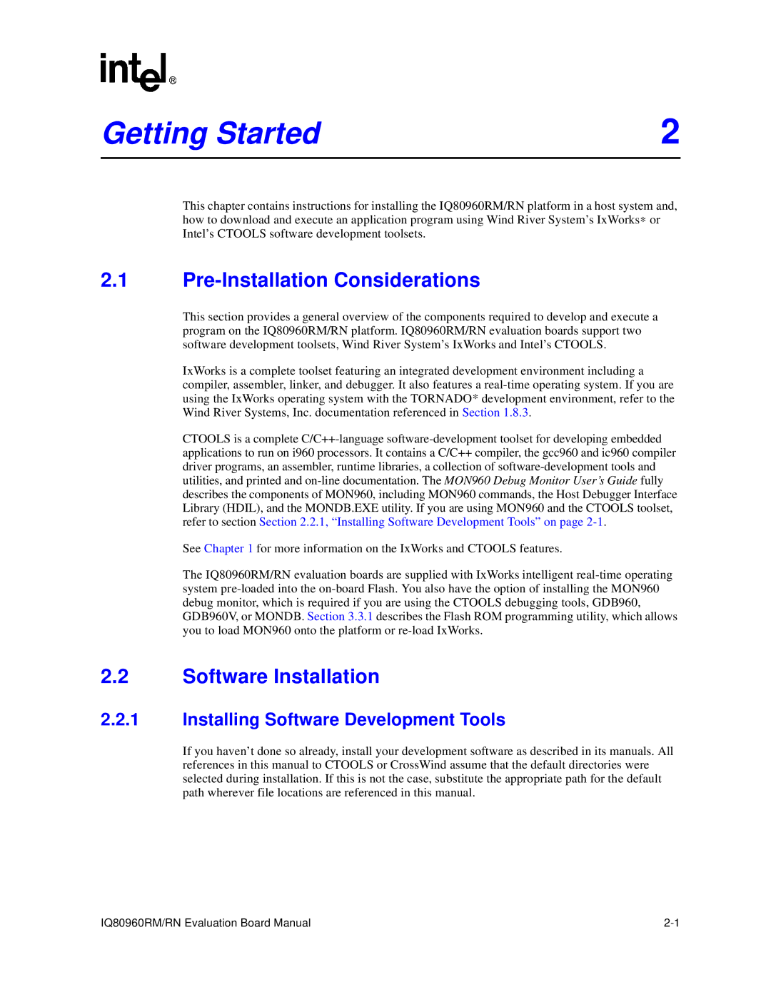 Intel IQ80960RM, RN manual Getting Started, Pre-Installation Considerations, Software Installation 