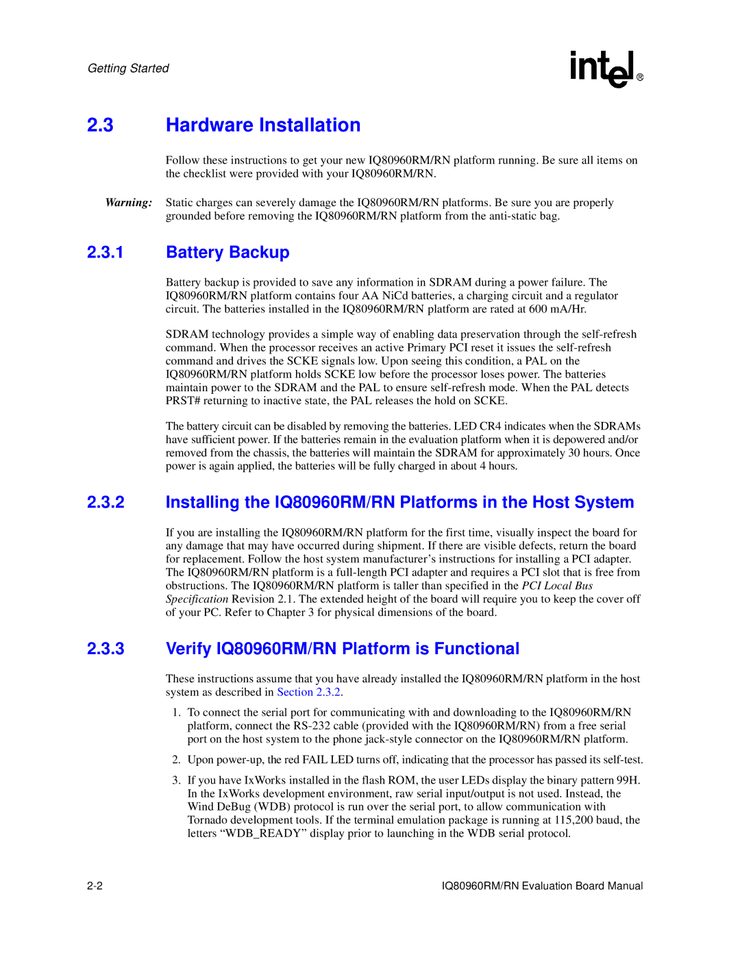 Intel manual Hardware Installation, Battery Backup, Installing the IQ80960RM/RN Platforms in the Host System 