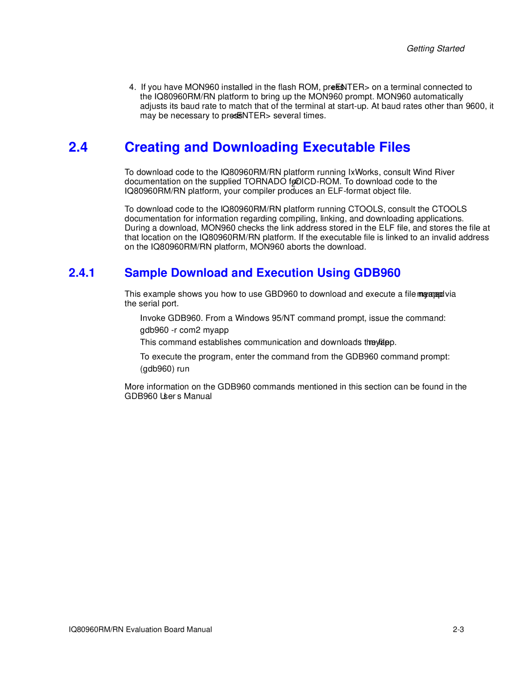 Intel IQ80960RM, RN manual Creating and Downloading Executable Files, Sample Download and Execution Using GDB960 