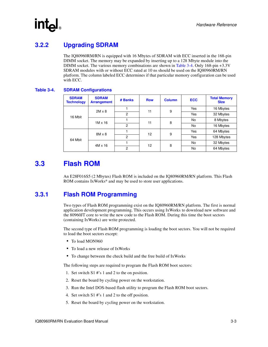 Intel IQ80960RM, RN manual Upgrading Sdram, Flash ROM Programming, Sdram Configurations, Row 