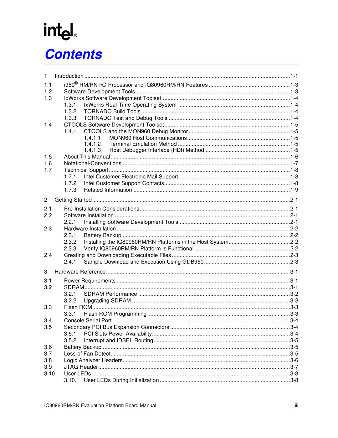 Intel IQ80960RM, RN manual Contents 