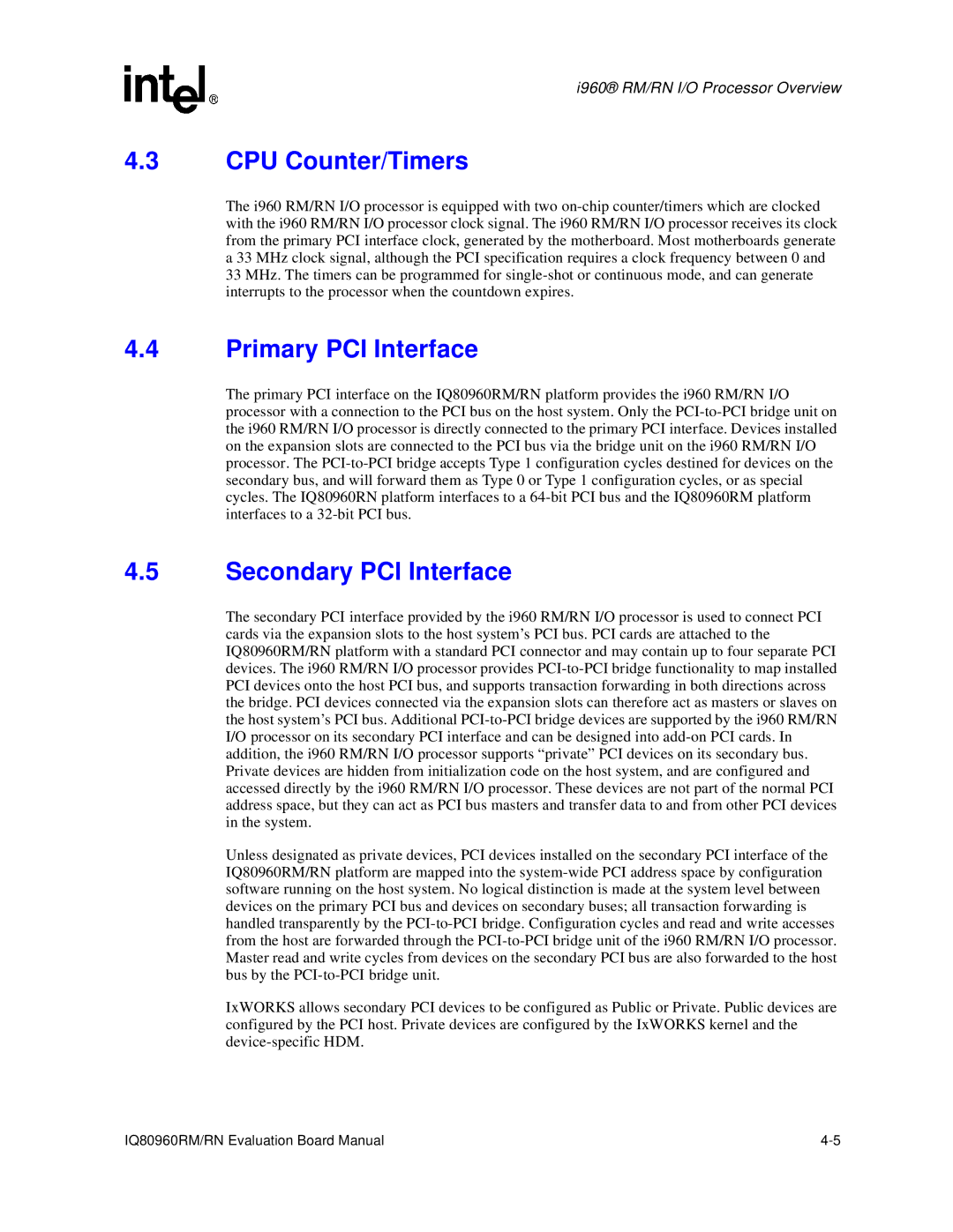 Intel IQ80960RM, RN manual CPU Counter/Timers, Primary PCI Interface, Secondary PCI Interface 