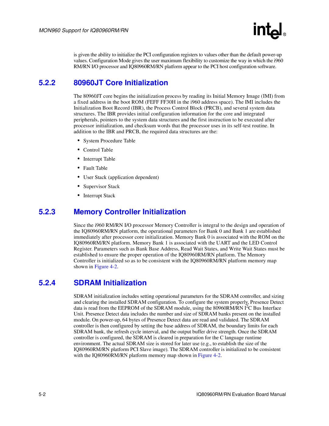 Intel RN, IQ80960RM manual 2 80960JT Core Initialization, Memory Controller Initialization, Sdram Initialization 