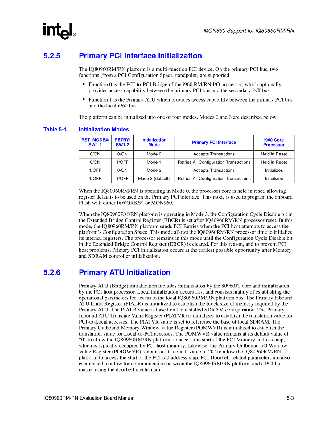 Intel IQ80960RM, RN manual Primary PCI Interface Initialization, Primary ATU Initialization, Initialization Modes 