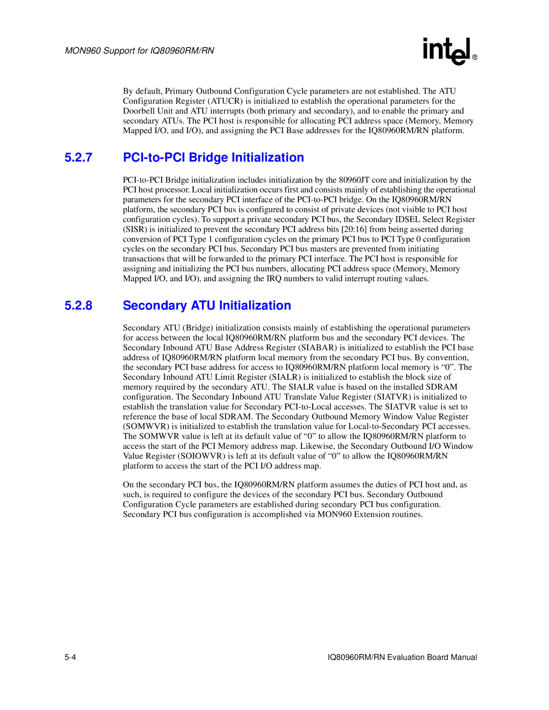 Intel RN, IQ80960RM manual PCI-to-PCI Bridge Initialization, Secondary ATU Initialization 