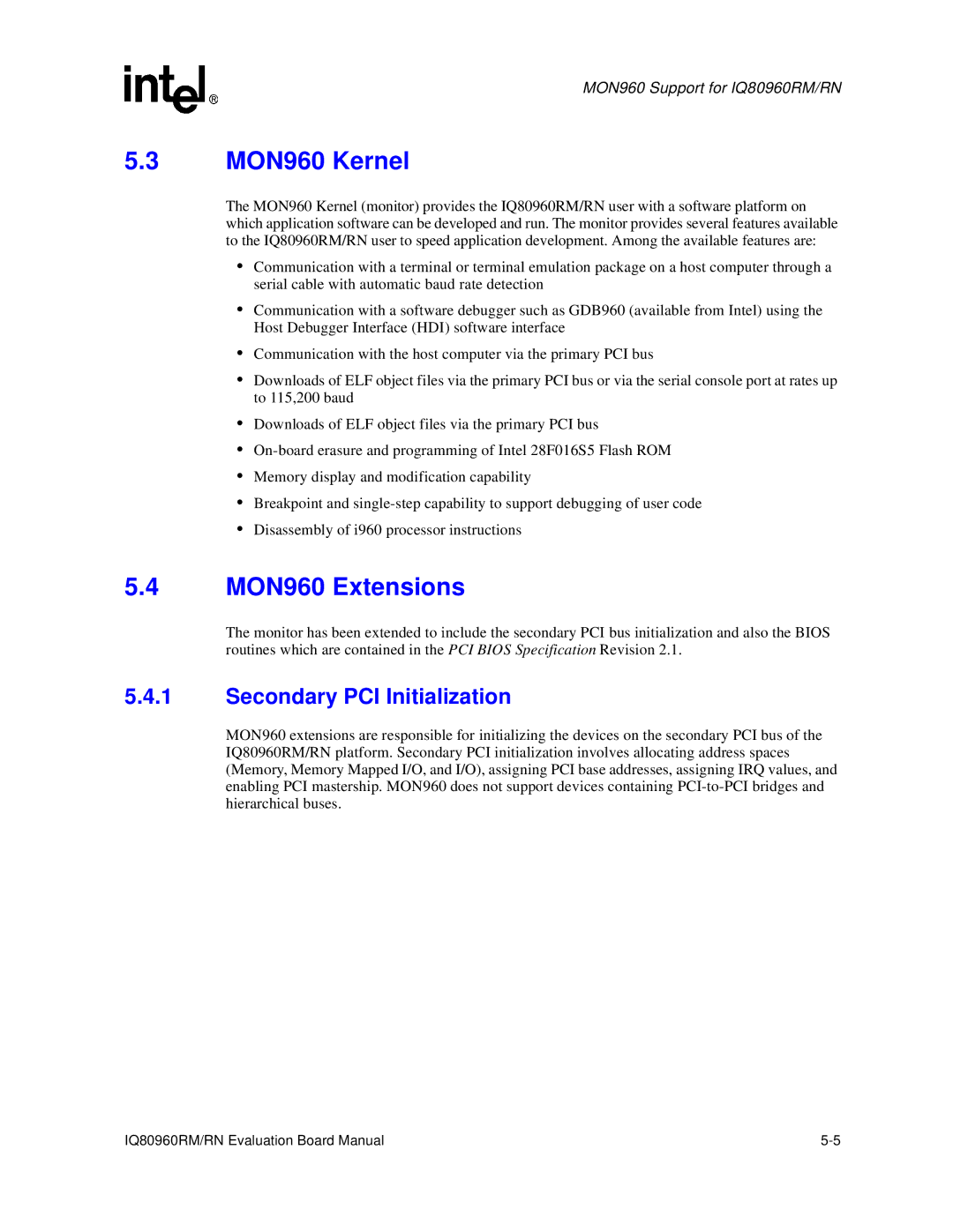 Intel IQ80960RM, RN manual MON960 Kernel, MON960 Extensions, Secondary PCI Initialization 