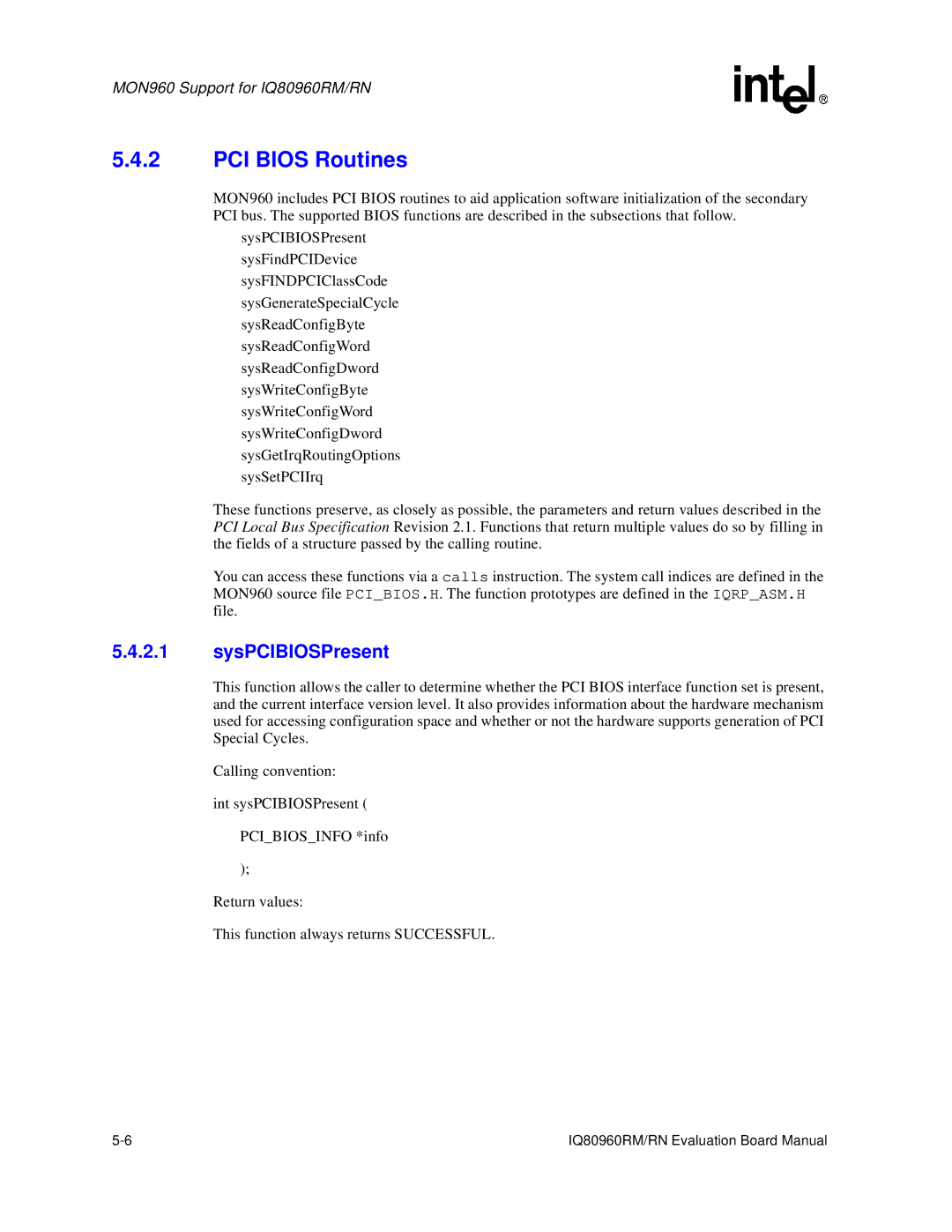 Intel RN, IQ80960RM manual PCI Bios Routines, SysPCIBIOSPresent 