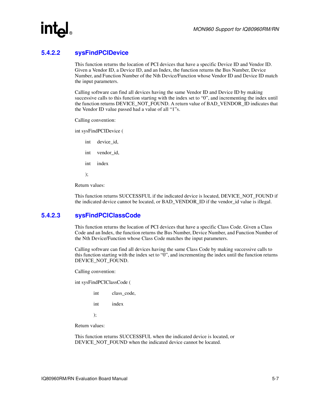 Intel IQ80960RM, RN manual SysFindPCIDevice 