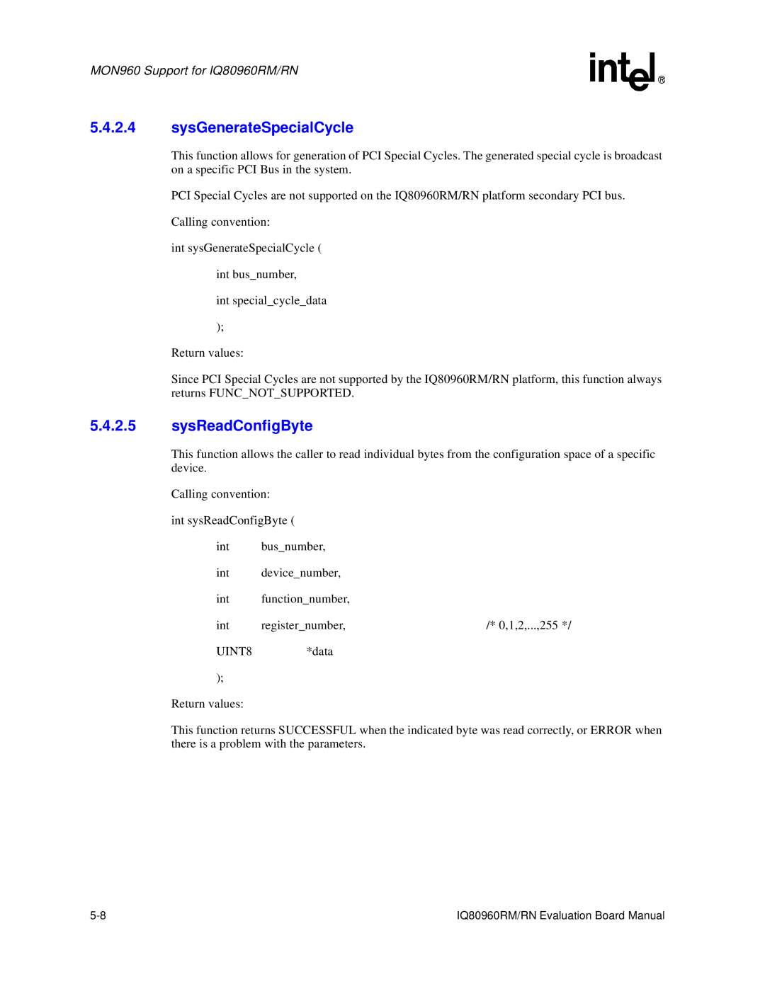 Intel RN, IQ80960RM manual SysGenerateSpecialCycle 