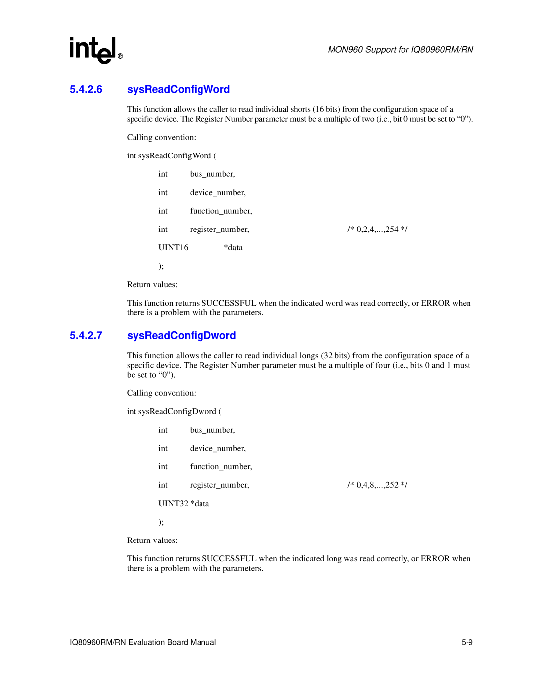 Intel IQ80960RM, RN manual SysReadConfigWord 