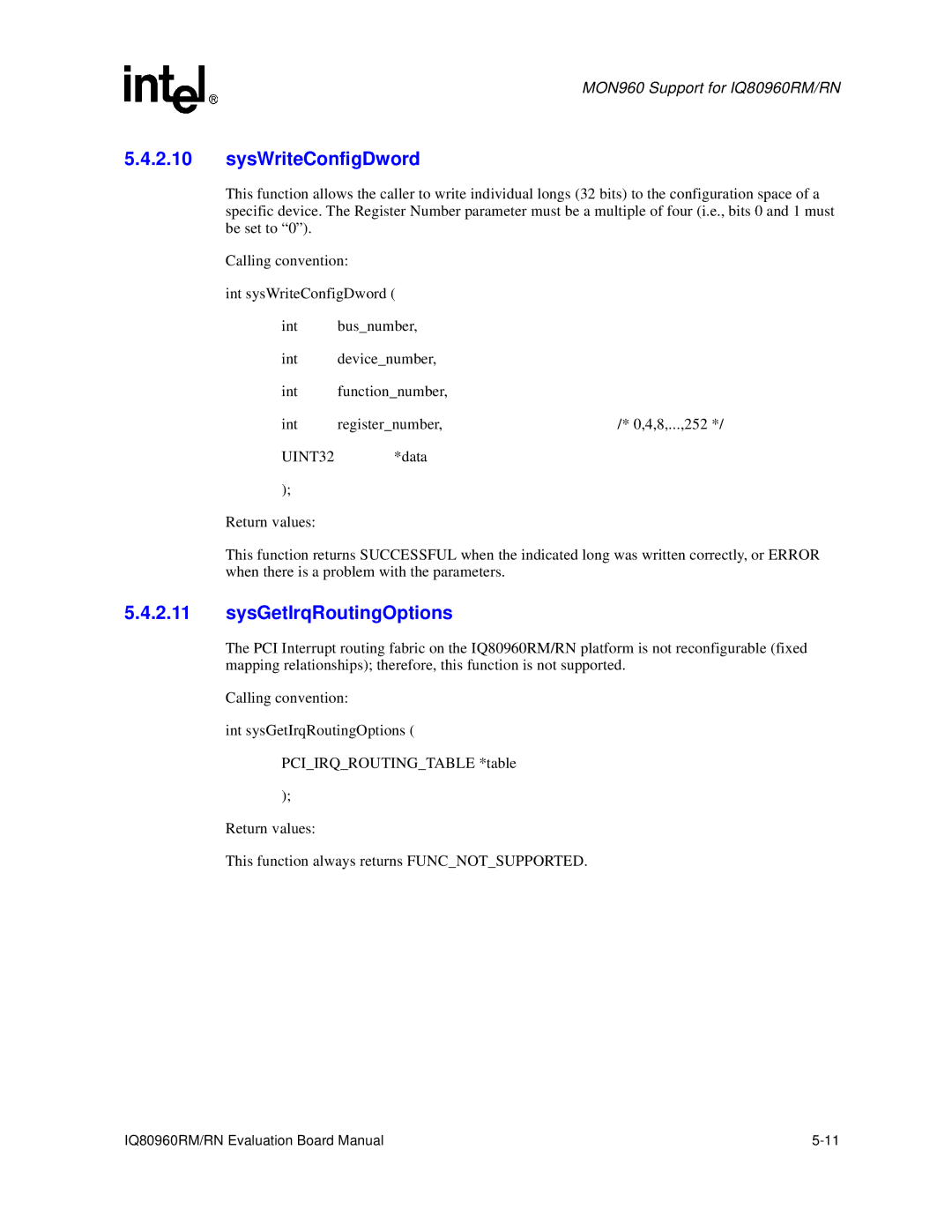 Intel IQ80960RM, RN manual SysWriteConfigDword 