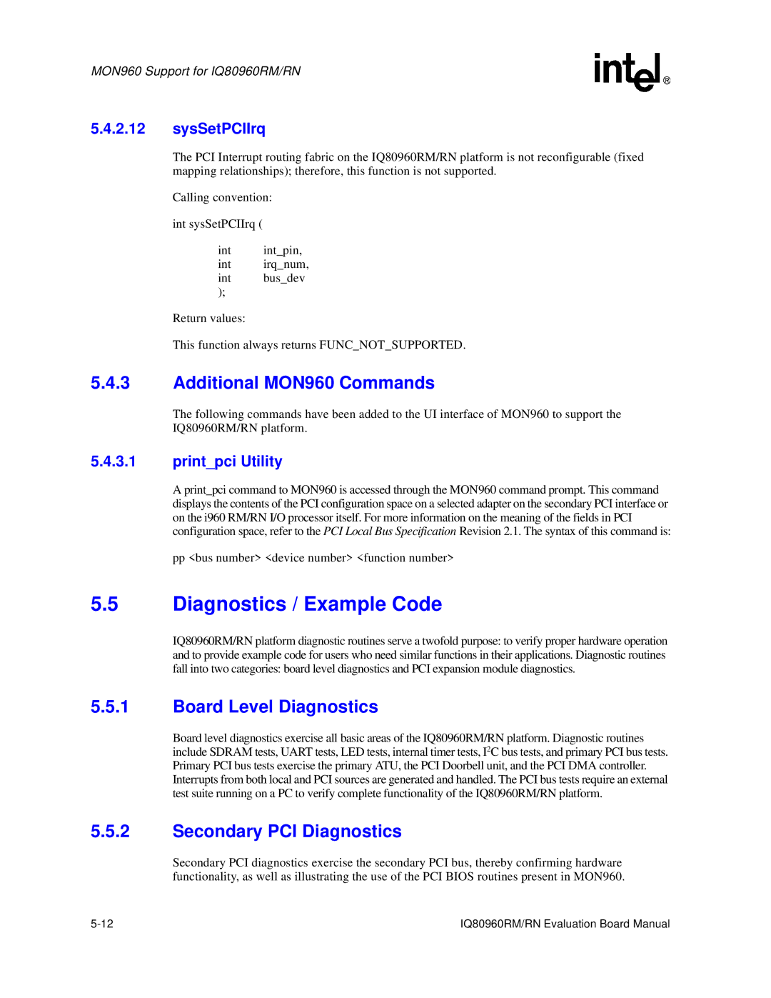 Intel RN manual Diagnostics / Example Code, Additional MON960 Commands, Board Level Diagnostics, Secondary PCI Diagnostics 