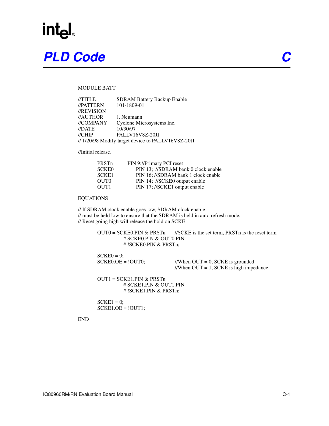 Intel IQ80960RM, RN manual PLD Code, Chip PALLV16V8Z-20JI 