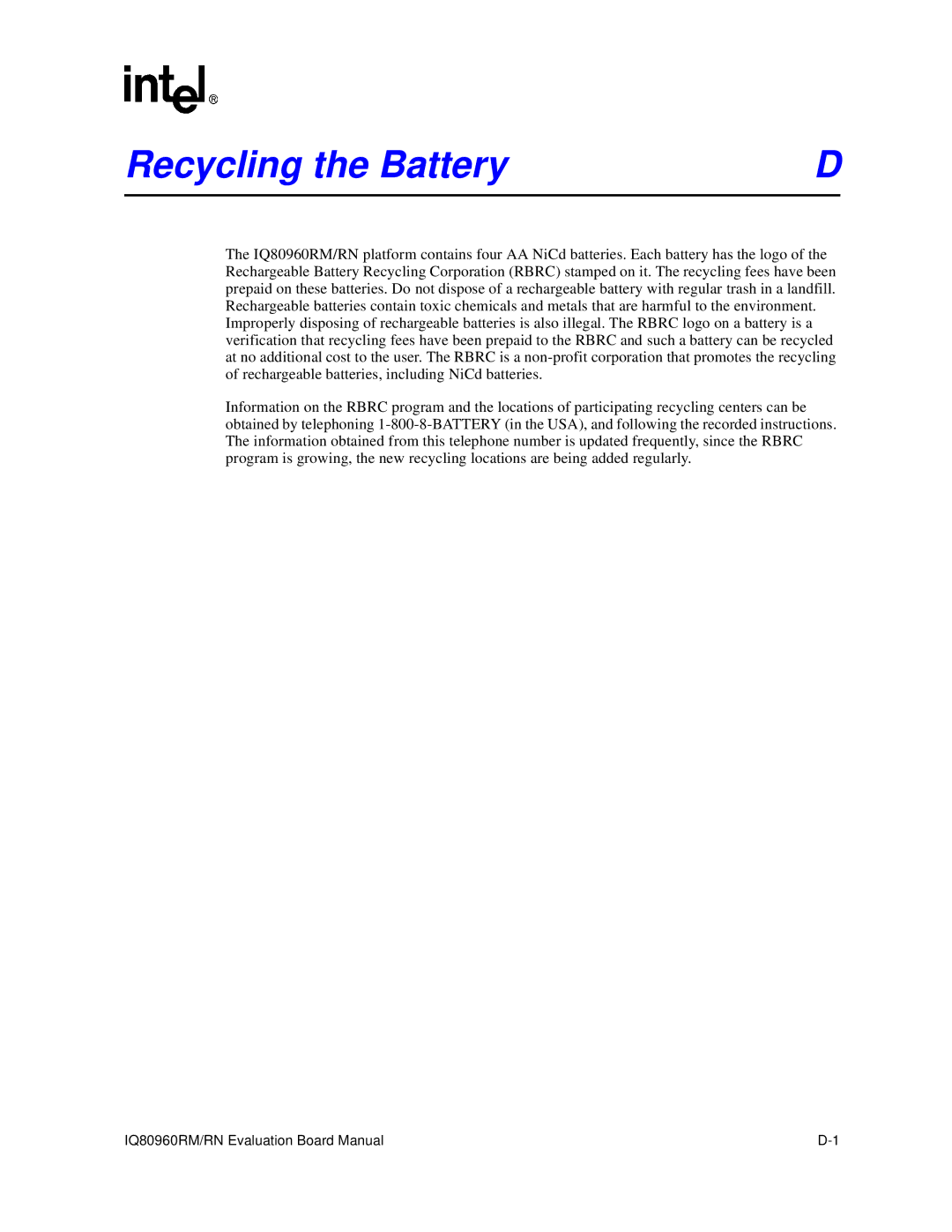 Intel IQ80960RM, RN manual Recycling the Battery 