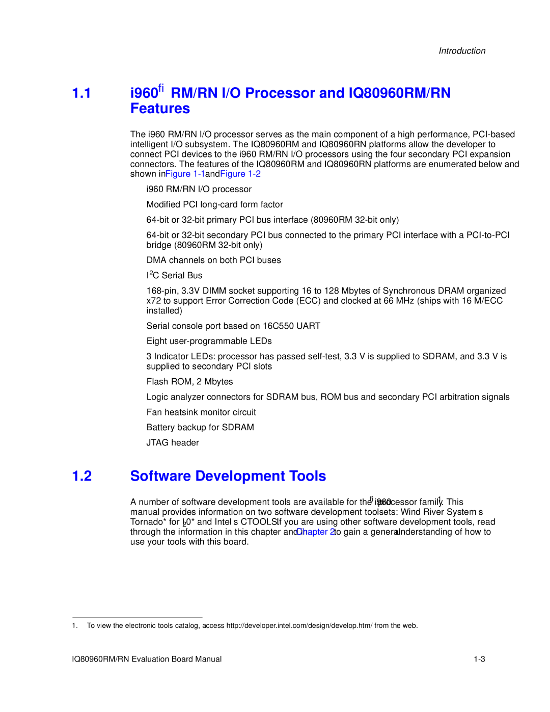 Intel manual I960 RM/RN I/O Processor and IQ80960RM/RN Features, Software Development Tools 