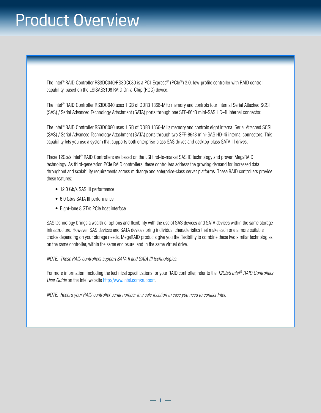 Intel RS3DC080 manual Product Overview 