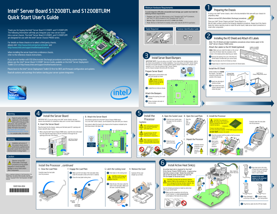 Intel quick start Intel Server Board S1200BTL and S1200BTLRM Quick Start Users Guide, Install Server Board Bumpers 