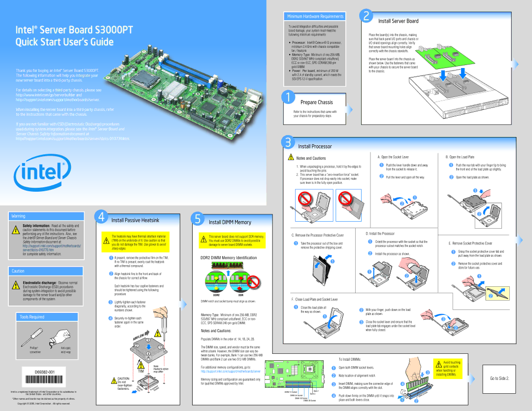 Intel S3000PT quick start Prepare Chassis, Install Server Board, Install Passive Heatsink, Install Dimm Memory 