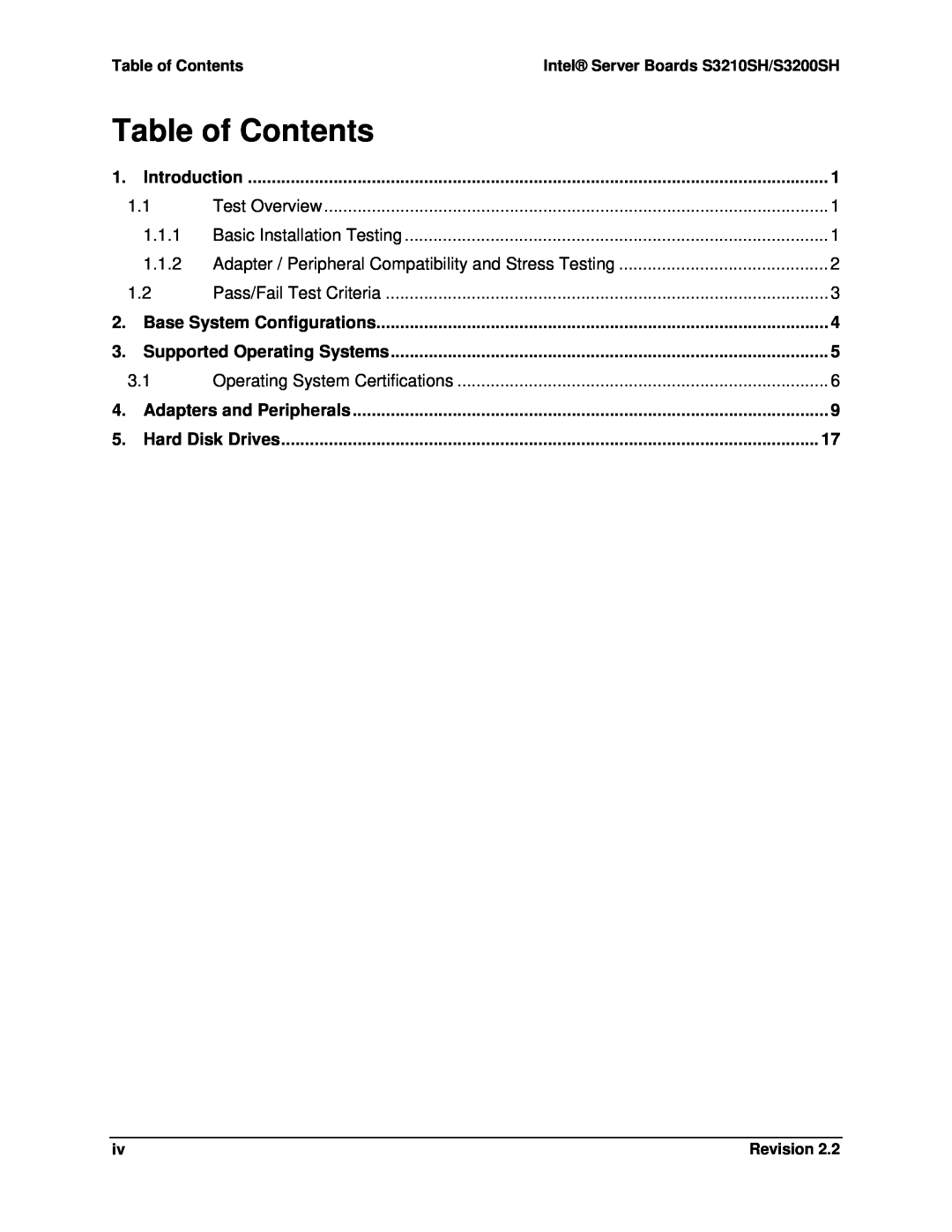 Intel S3200SH, S3210SH manual Table of Contents 