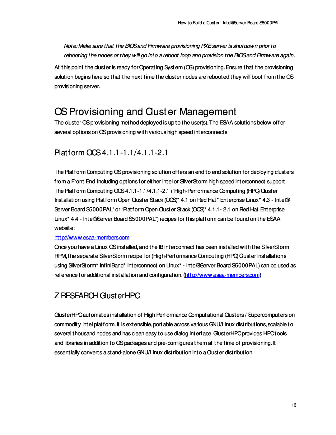 Intel S5000PAL manual OS Provisioning and Cluster Management, Platform OCS 4.1.1-1.1/4.1.1-2.1, Z RESEARCH GlusterHPC 