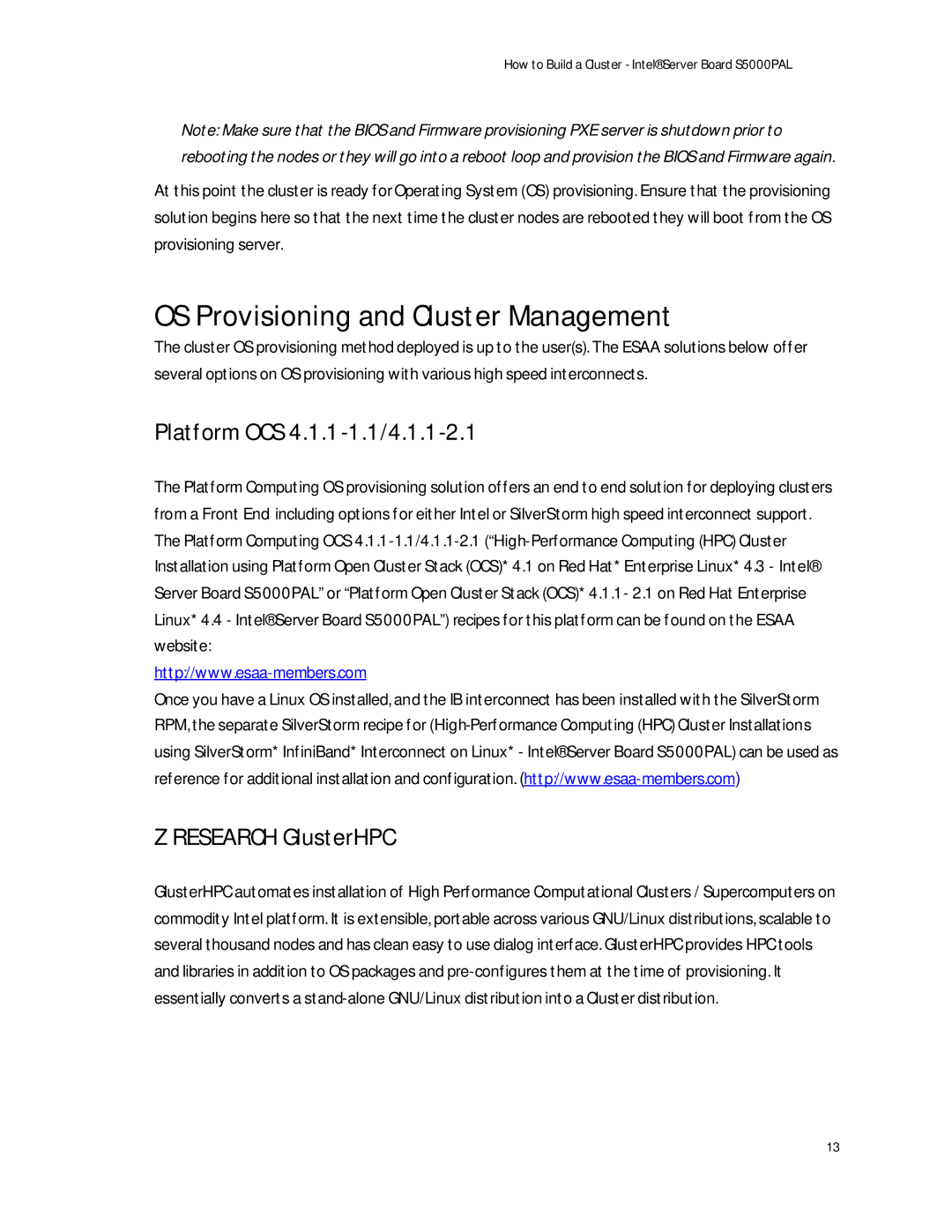 Intel S5000PAL manual OS Provisioning and Cluster Management, Platform OCS 4.1.1-1.1/4.1.1-2.1, Research GlusterHPC 