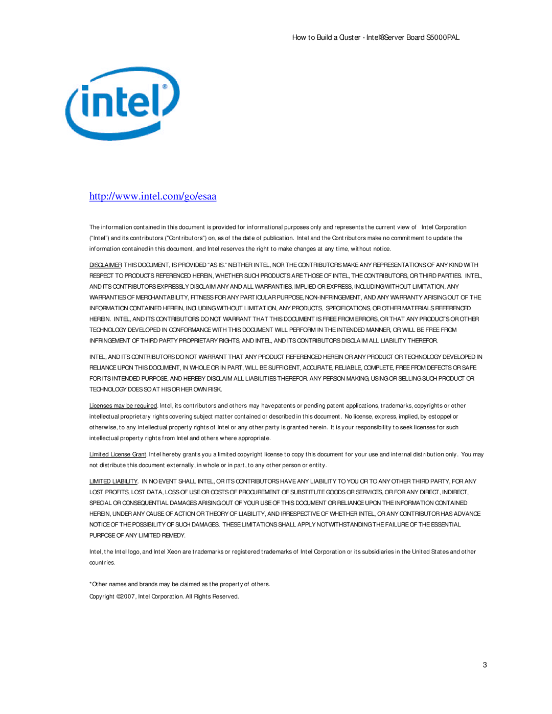 Intel manual How to Build a Cluster Intel Server Board S5000PAL 