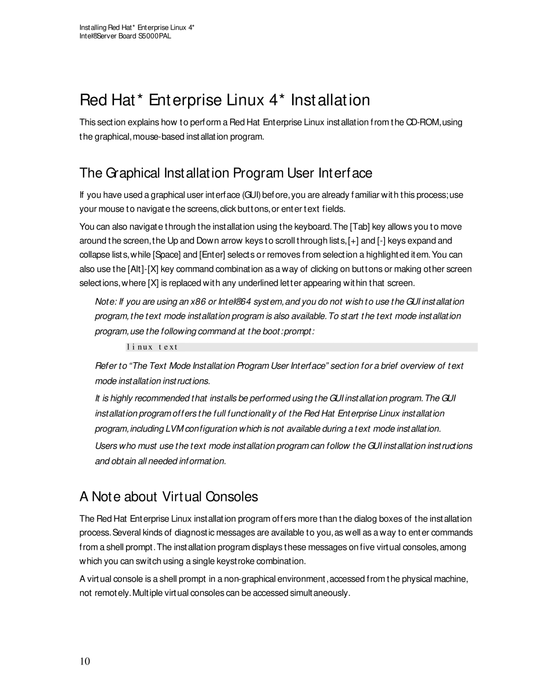 Intel S5000PAL manual Red Hat* Enterprise Linux 4* Installation, Graphical Installation Program User Interface 