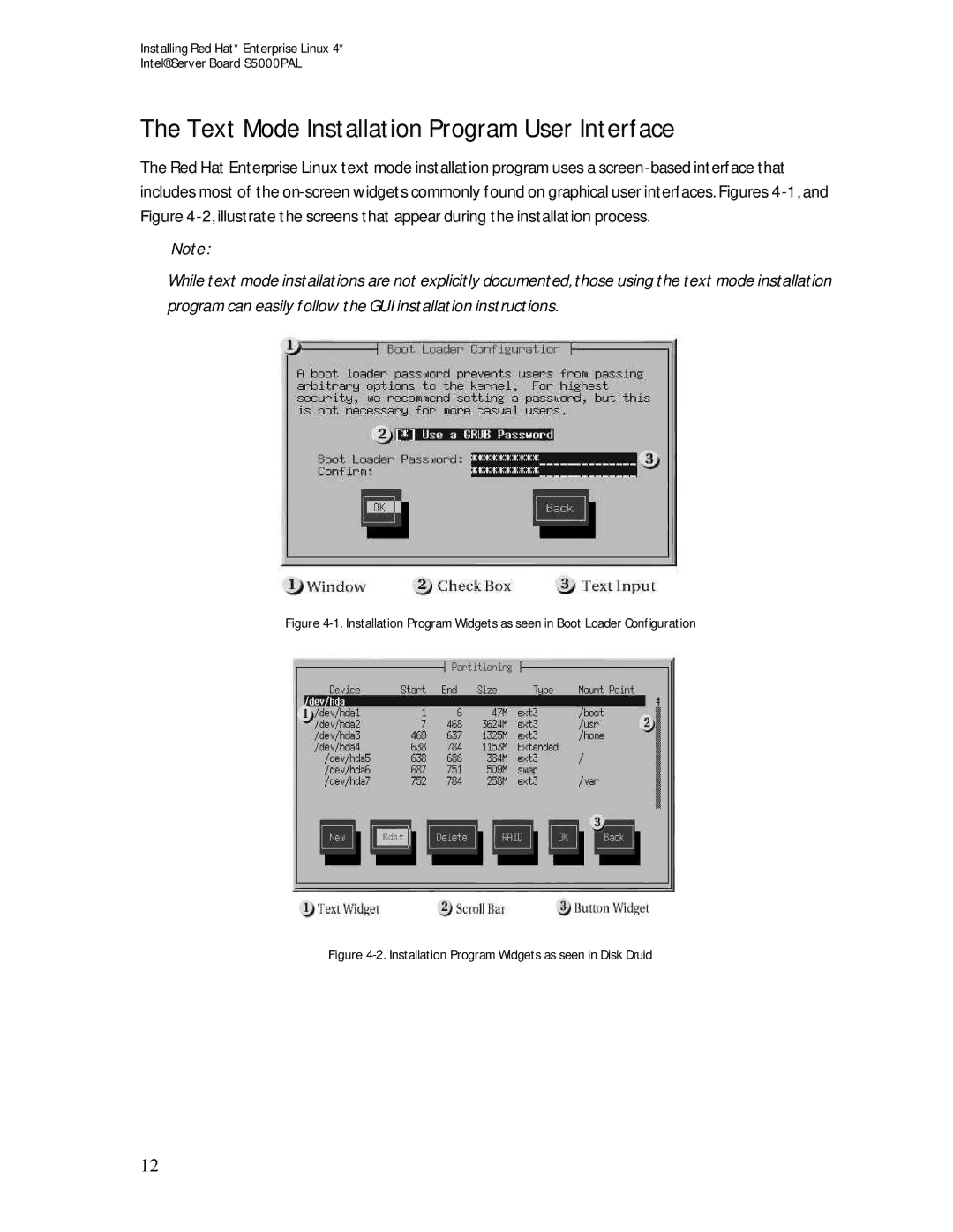 Intel S5000PAL manual Text Mode Installation Program User Interface, Installation Program Widgets as seen in Disk Druid 