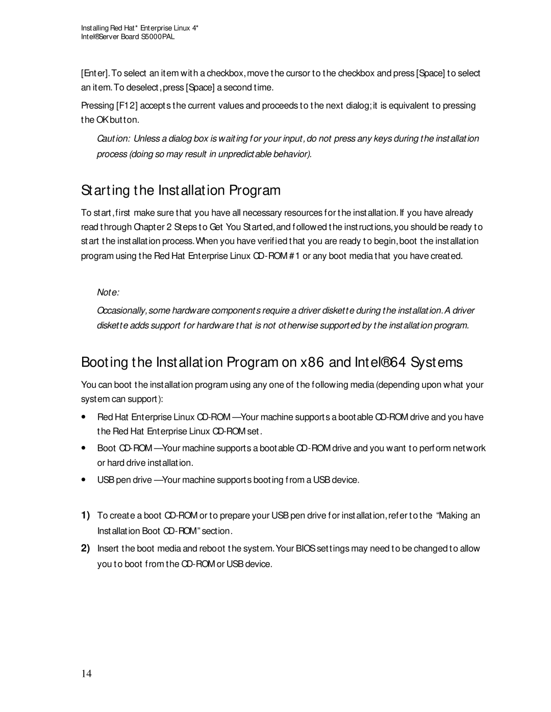 Intel S5000PAL manual Starting the Installation Program, Booting the Installation Program on x86 and Intel 64 Systems 