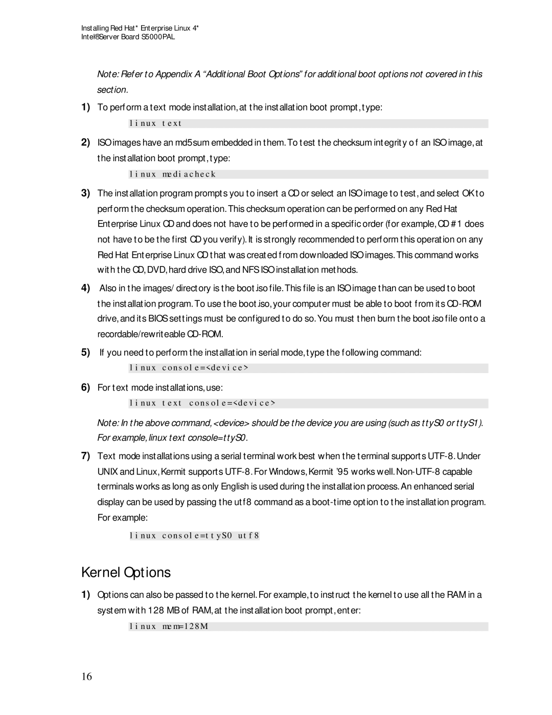 Intel S5000PAL manual Kernel Options, Linux mediacheck 