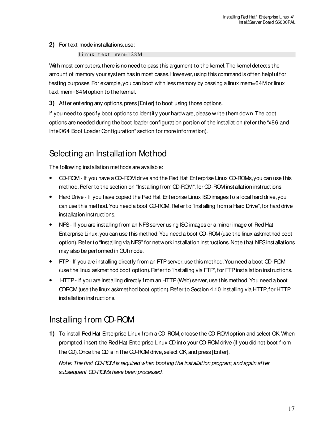 Intel S5000PAL manual Selecting an Installation Method, Installing from CD-ROM 