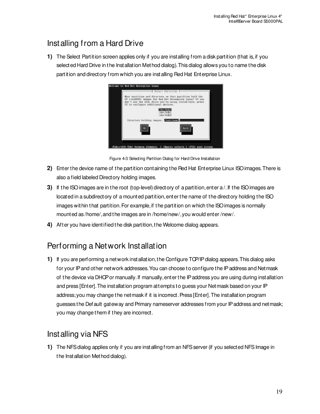 Intel S5000PAL manual Installing from a Hard Drive, Performing a Network Installation, Installing via NFS 