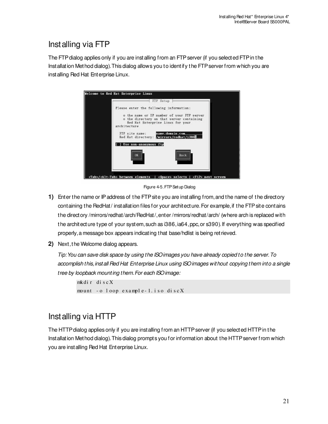 Intel S5000PAL manual Installing via FTP, Installing via Http 